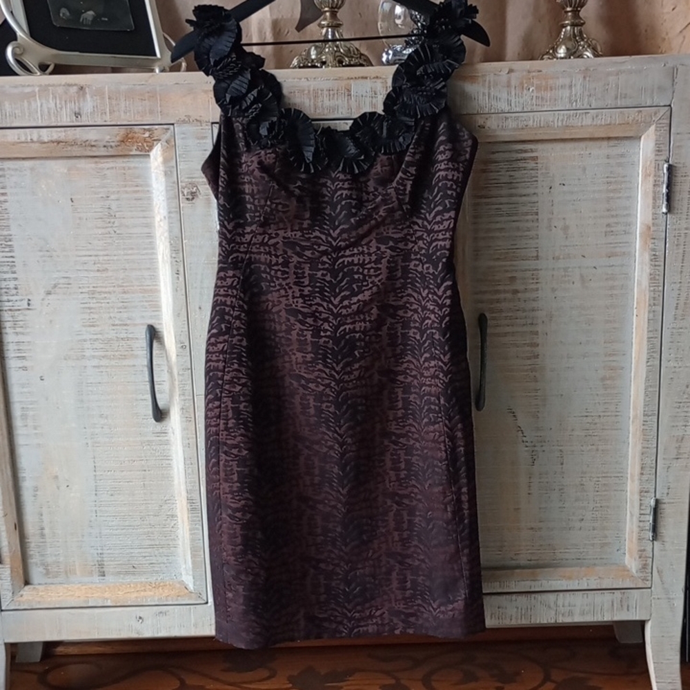 C) Maggy London Black and Brown Dress with Floral Neckline